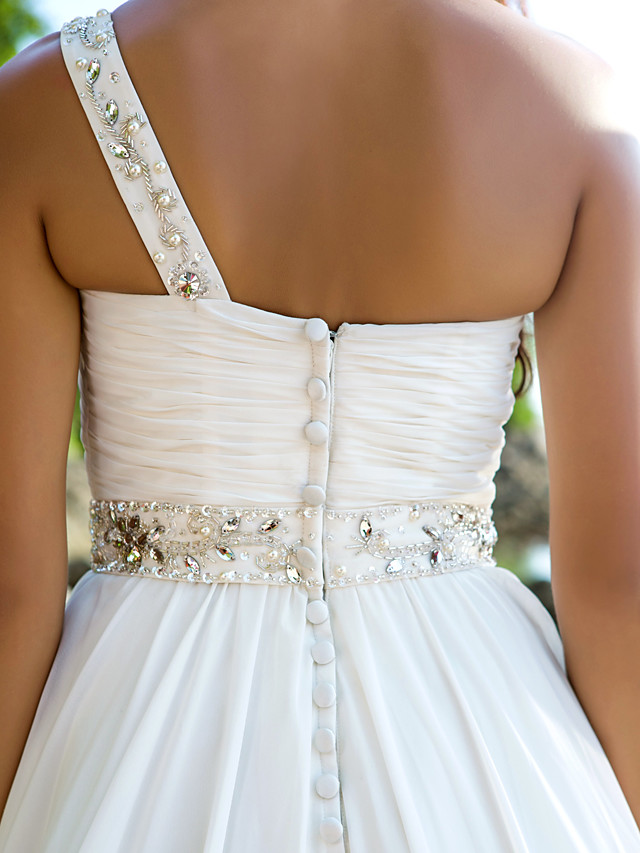 A-line Straps One Shoulder Court Train 100D Chiffon Bridal Gown With Buttons 6