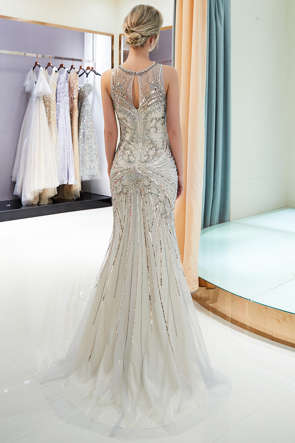 Mermaid Jewel Neck Sleeveless Chapel Train Tulle Evening Dress With Beading 2