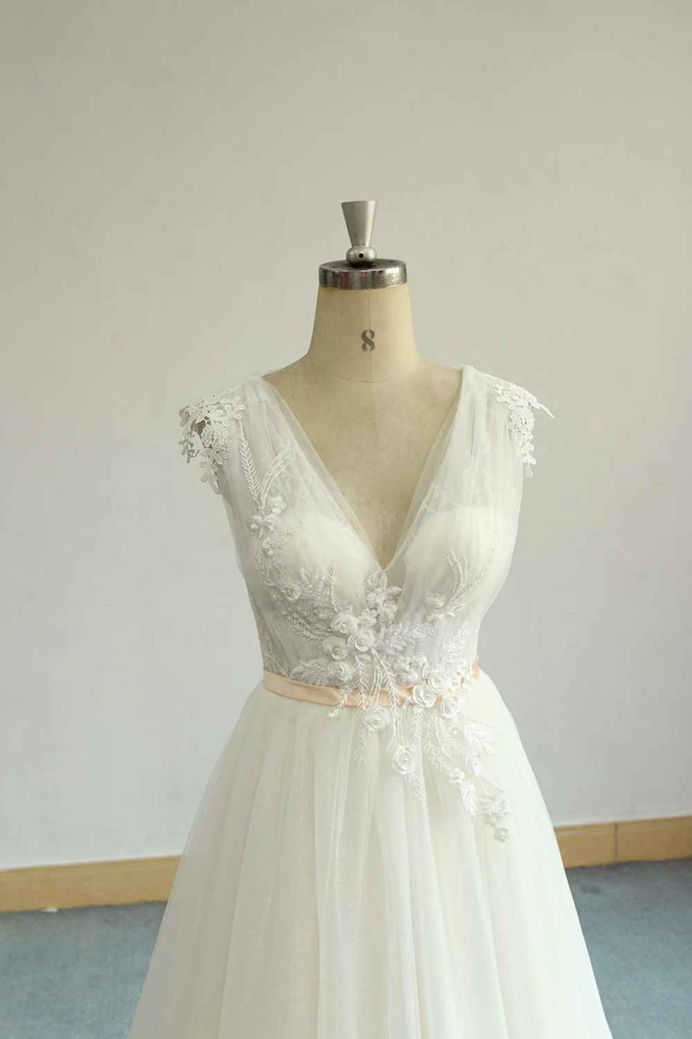 A-line V-neck Sleeveless Floor-length Tulle Bridal Attire With Ribbons 5