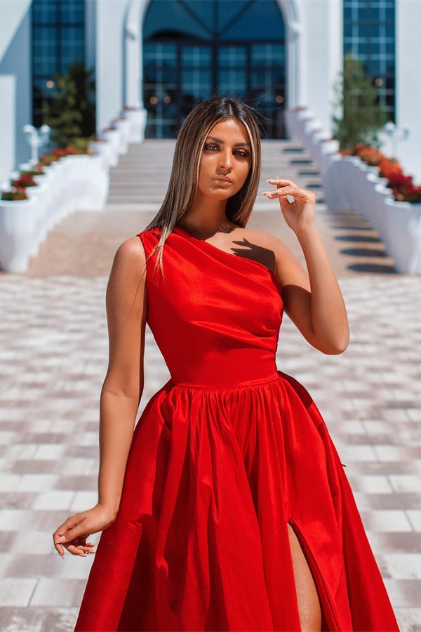 A-line One Shoulder Sleeveless Floor-length Stretch Satin Evening Dress With Ruffles 2