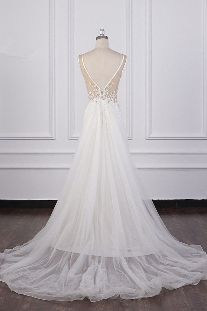 Column V-neck Sleeveless Floor-length Tulle Wedding Dress With Appliques 2