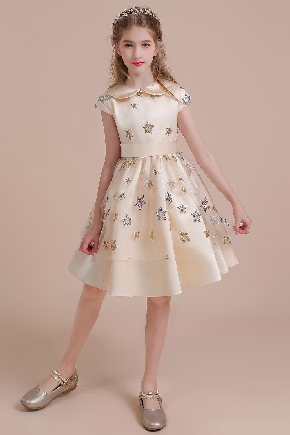 A-line Jewel Neck Short Sleeves Knee-length Tulle Flower Girl Dress With Ribbons 4