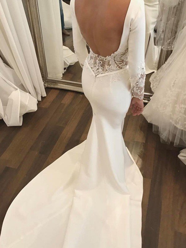 Mermaid Scoop Neck Long Sleeves Satin Bridal Gown With Court Train 3