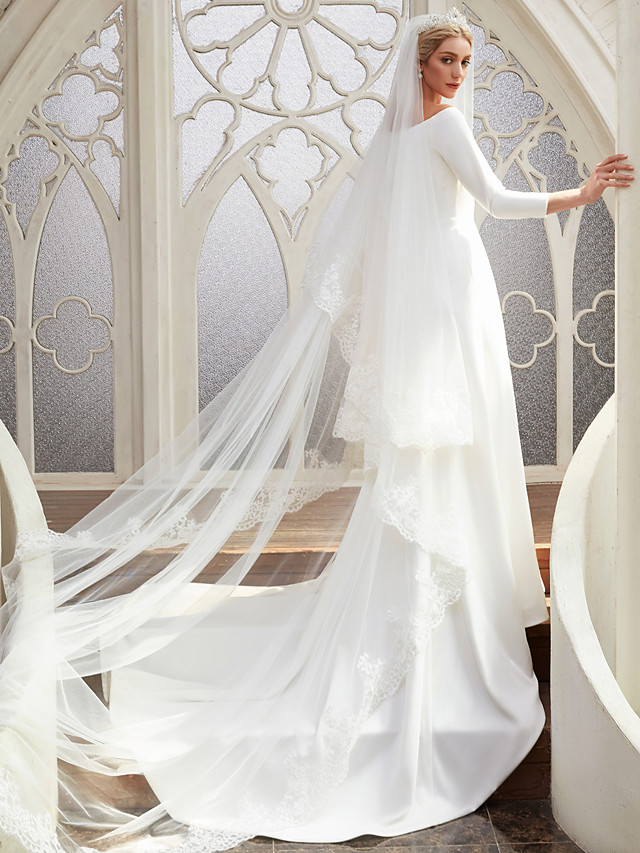 A-line Bateau Neck Floor-length Tulle Bridal Gown With Chapel Train 6