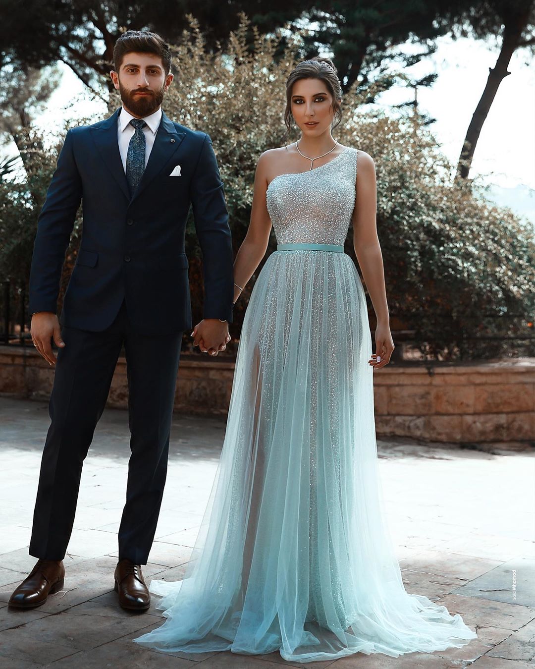 A-line One Shoulder Sleeveless Sweep / Brush Train Tulle Evening Dress With Sequins 3