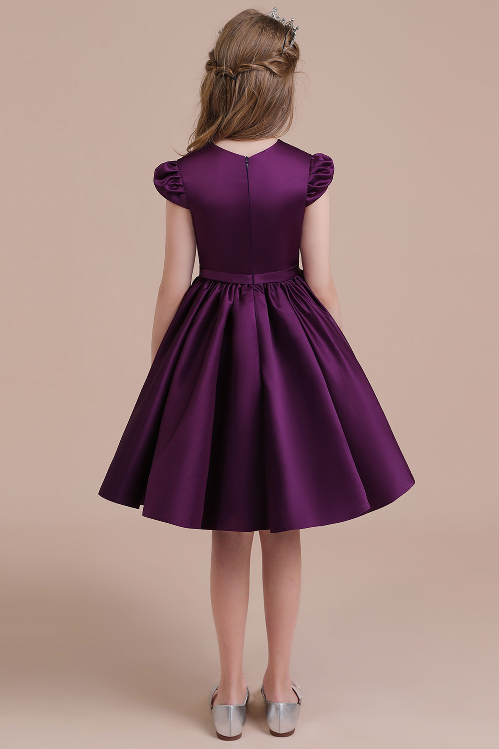 A-line Jewel Neck Sleeveless Knee-length Satin Flower Girl Dress With Ribbons 2