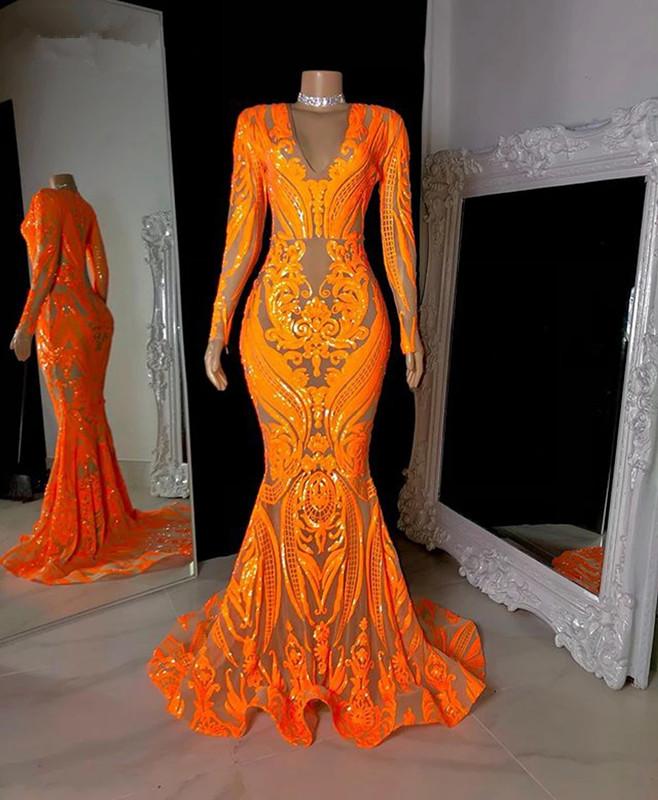 Column V-neck Long Sleeves Floor-length Tulle Evening Dress With Sequins 2