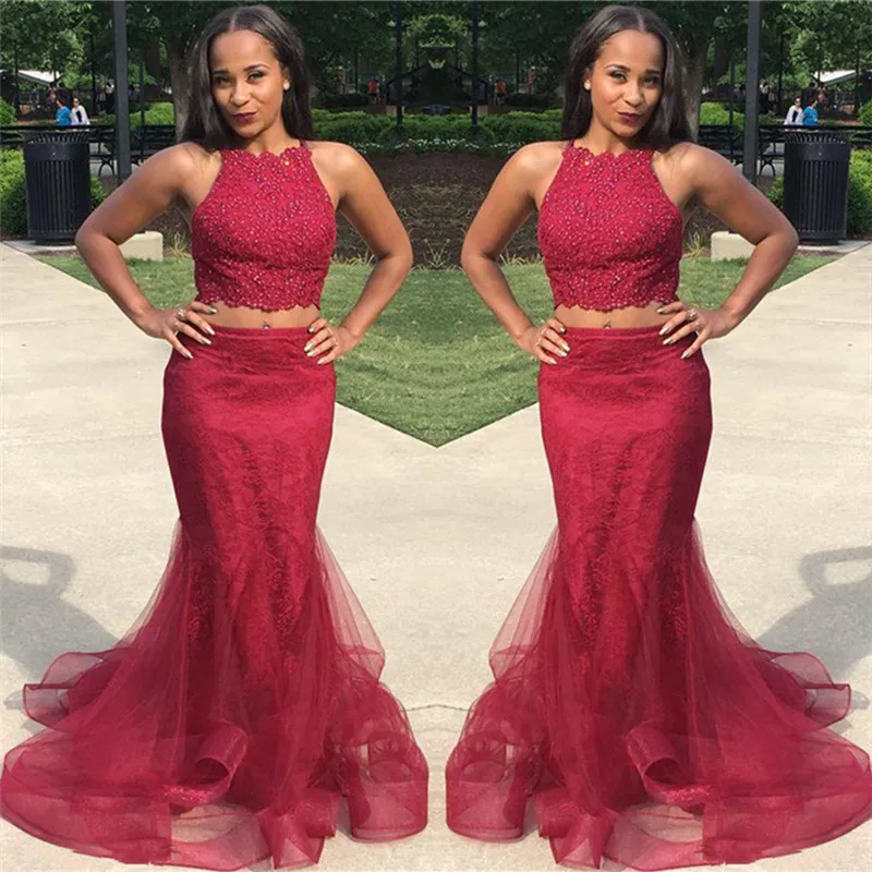 Two Piece Beaded Halter Mermaid Tulle Evening Dress 4