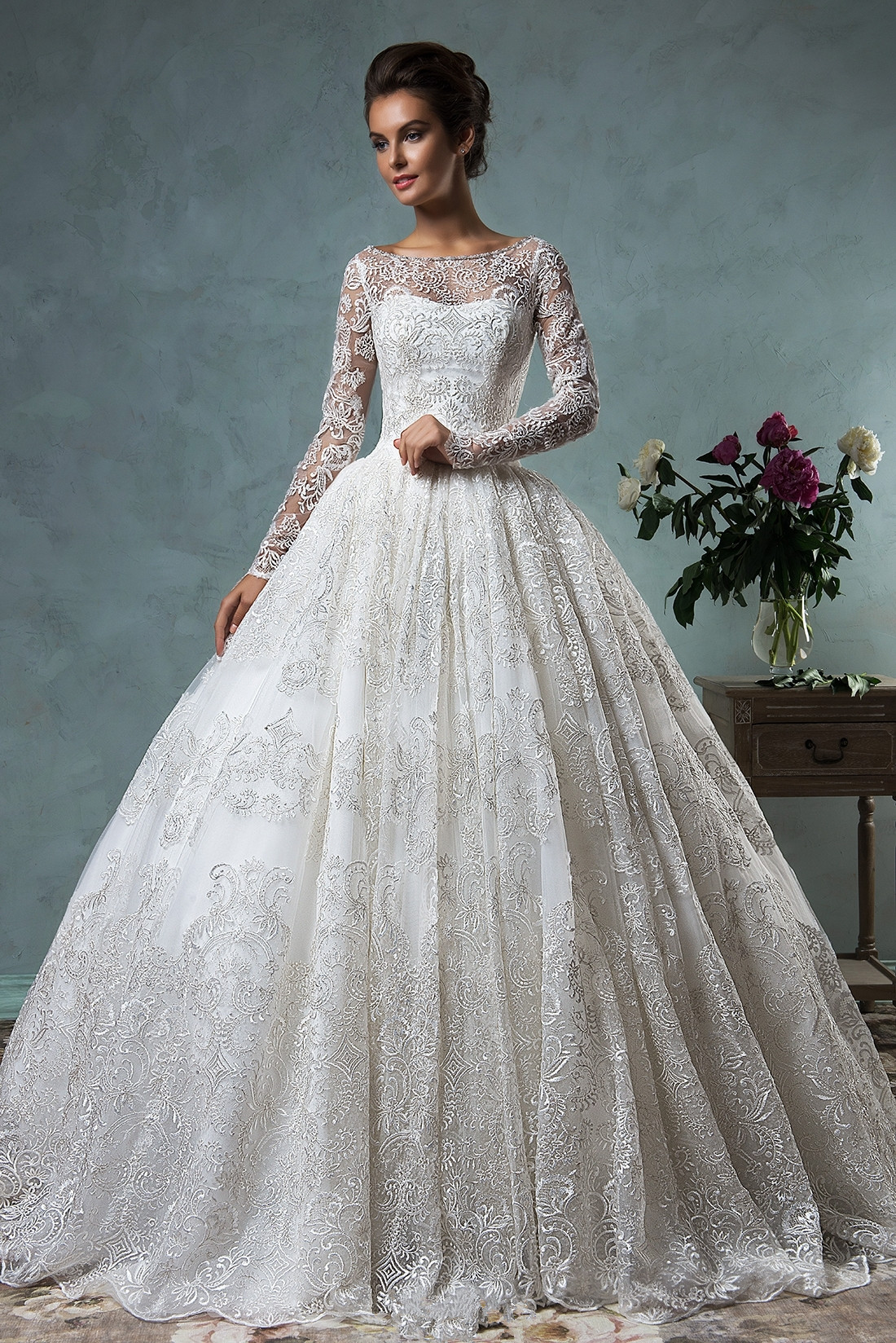 Lace Applique Ball Gown Wedding Dress with Long Sleeves 1