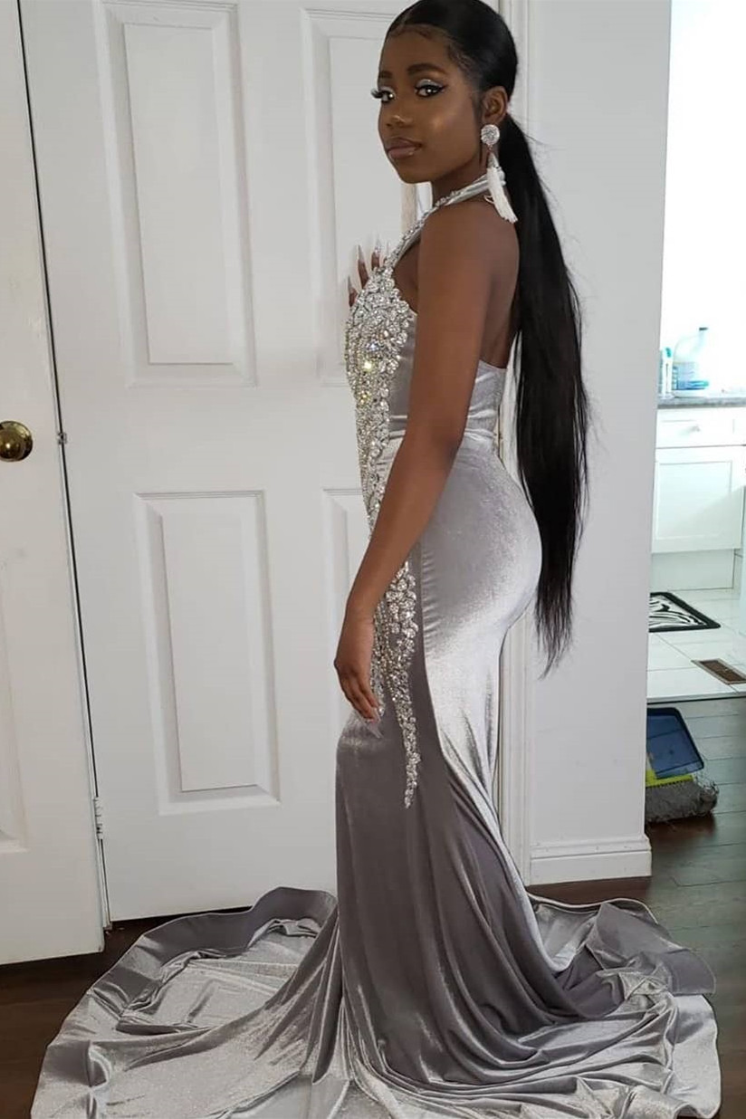 Mermaid Halter-neck Sleeveless Sweep / Brush Train Formal Dress With Crystal 3