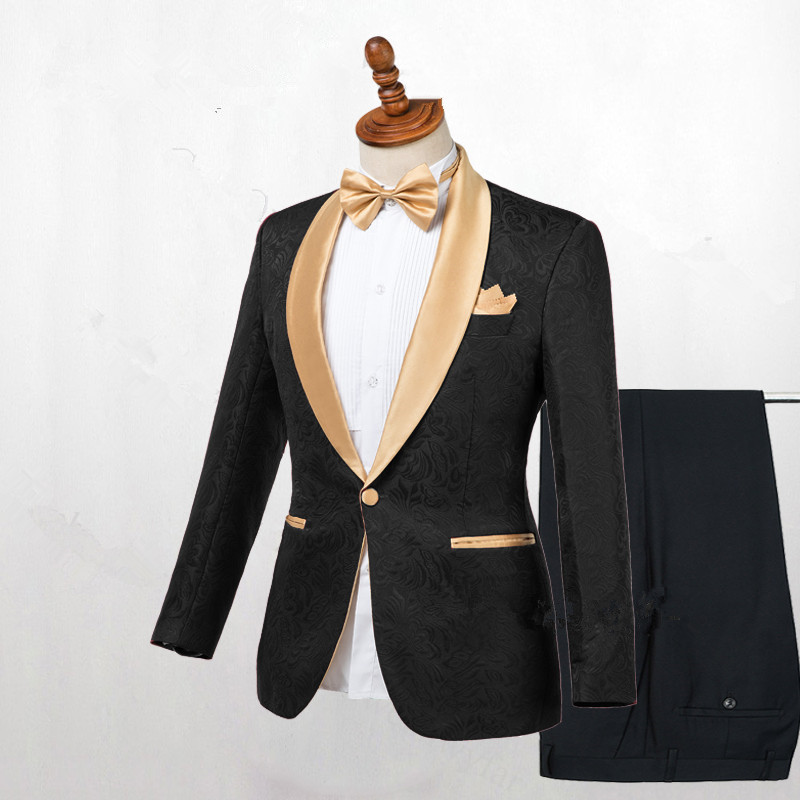 Black One Button Wedding Suit with Gold Lapel 2