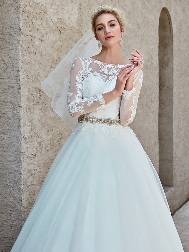 Ball Gown Bateau Neck Long Sleeves Chapel Train Tulle Bridal Gown With Lace 13