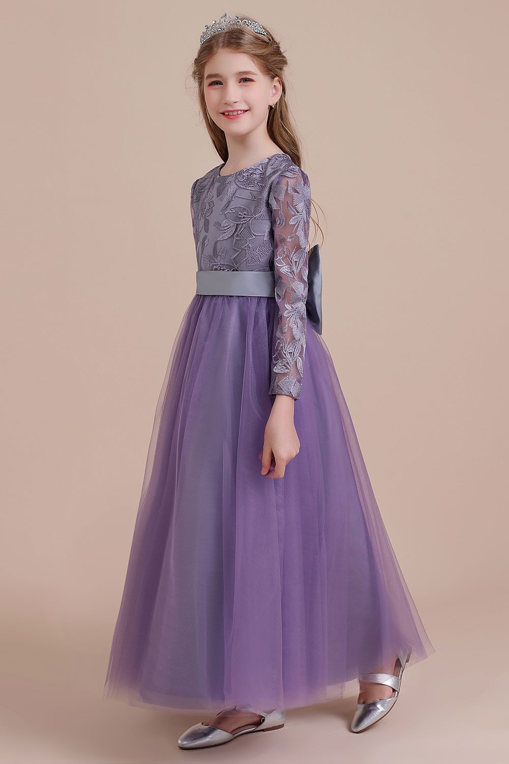 A-line Jewel Neck Long Sleeves Ankle-length Tulle Flower Girl Dress With Bow 4