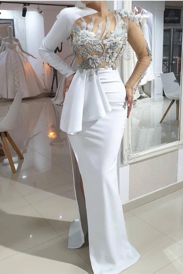 Mermaid Jewel Neck Long Sleeves Floor-length Wedding Dress With Ruffles 1