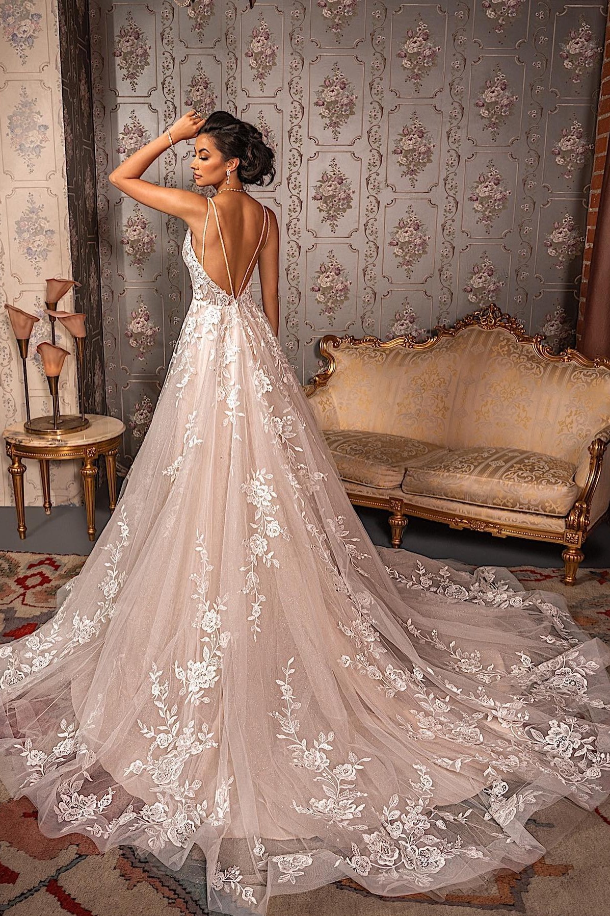 A-line V-neck Sleeveless Sweep / Brush Train Tulle Wedding Dress With Ruffles 2