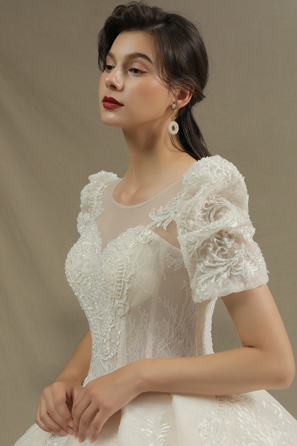 A-line Jewel Neck 3/4-Length Sleeves Floor-length Tulle Wedding Gown With Cathedral Train 6