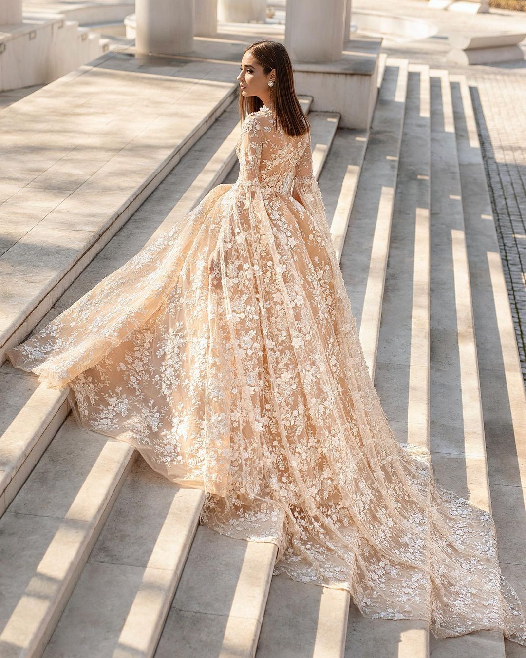 A-line V-neck Long Sleeves Sweep / Brush Train Lace Wedding Gown With Lace 2