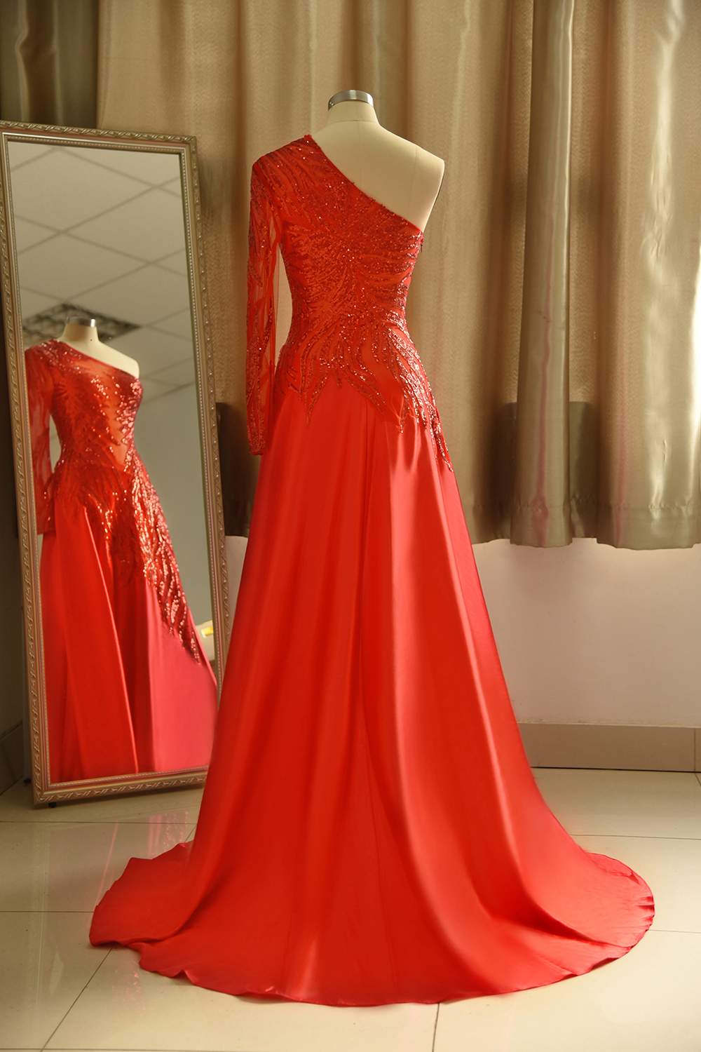 A-line One Shoulder Long Sleeves Floor-length Elastic Silk-like Satin Formal Wear With Sequins 2