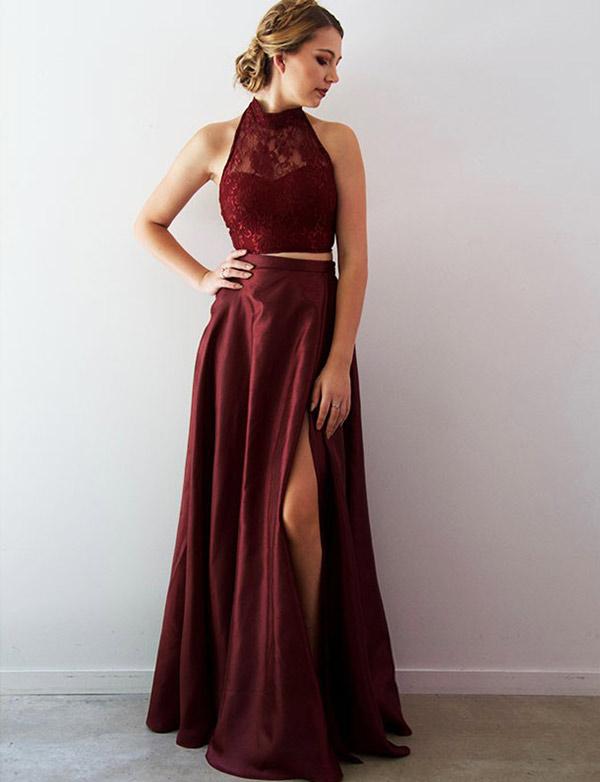 Two Pieces Halter-neck Sleeveless Floor-length Evening Dress With Lace 2