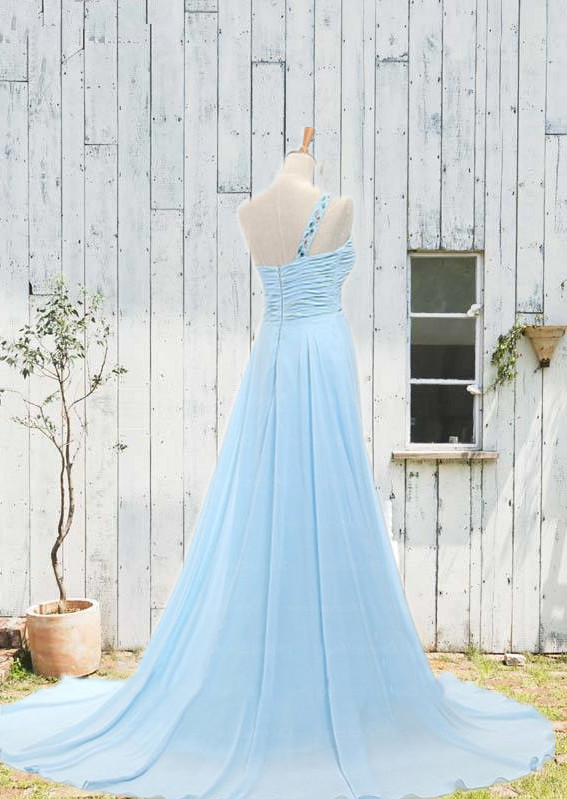 A-line One Shoulder Sleeveless Court Train Tulle Evening Gown With Crystal 2