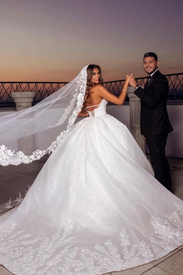Sparkling Sequined Lace Ball Gown with Cathedral Train 2