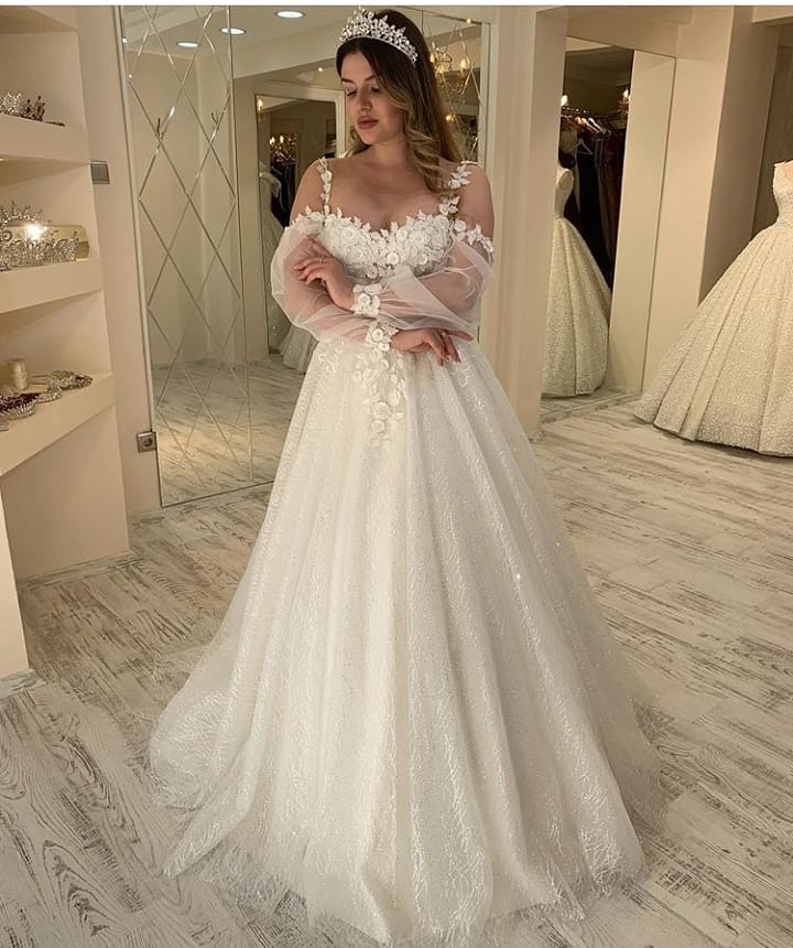 A-line Spaghetti Straps Long Sleeves Sweep / Brush Train Bridal Gown With Ruffles 2