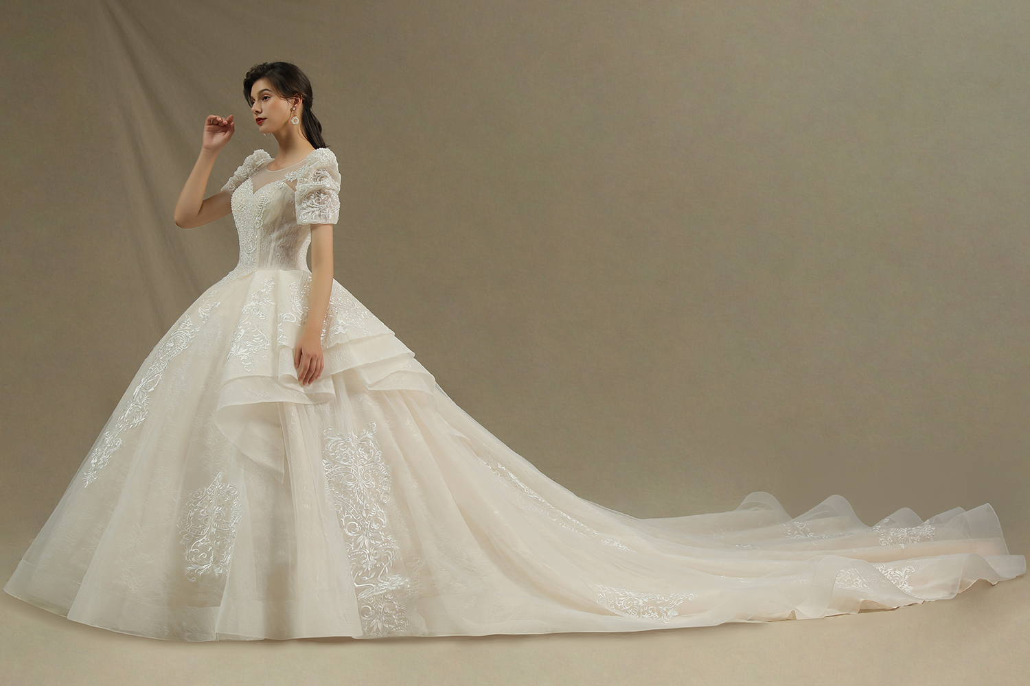 A-line Jewel Neck 3/4-Length Sleeves Floor-length Tulle Wedding Gown With Cathedral Train 3