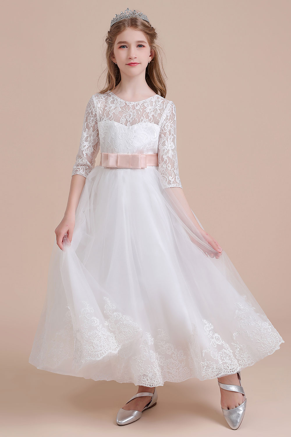 A-line Sweetheart Neck Jewel Neck 3/4-Length Sleeves Ankle-length Tulle Flower Girl Dress With Ribbons 7