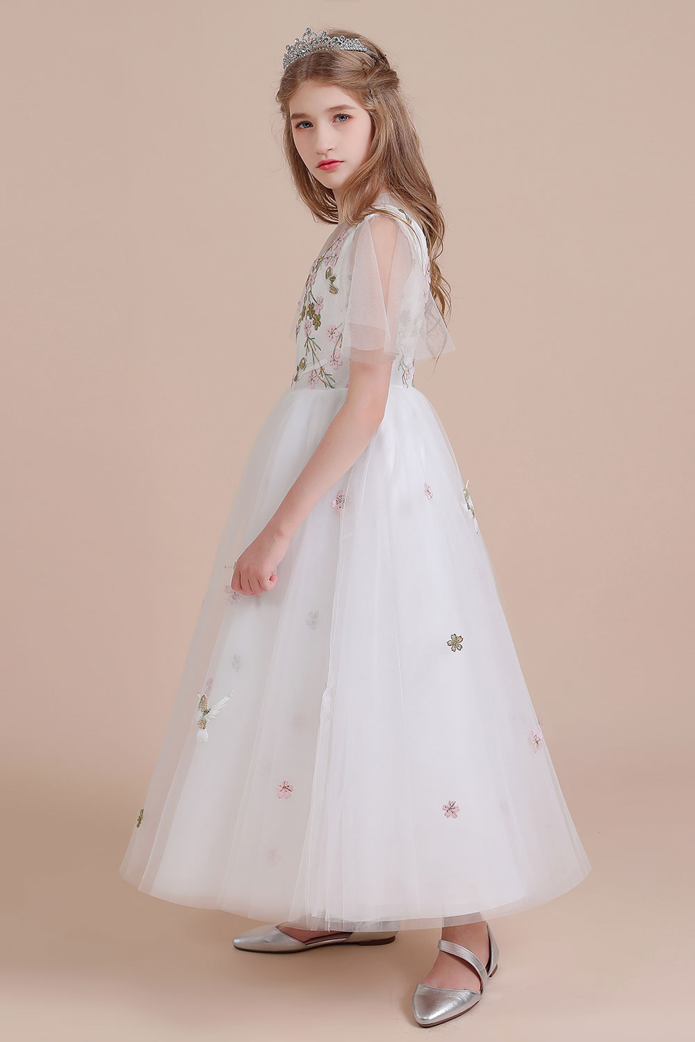 A-line V-neck Jewel Neck Short Sleeves Ankle-length Tulle Flower Girl Dress With Embroidery 7