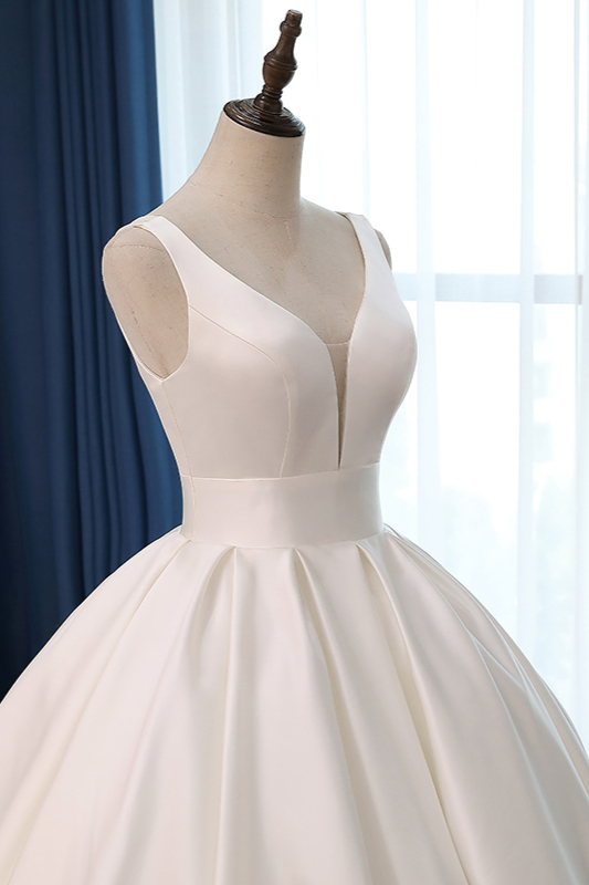 Ball Gown Plunging Neckline Sleeveless Floor-length Satin Wedding Dress With Ruffles 5