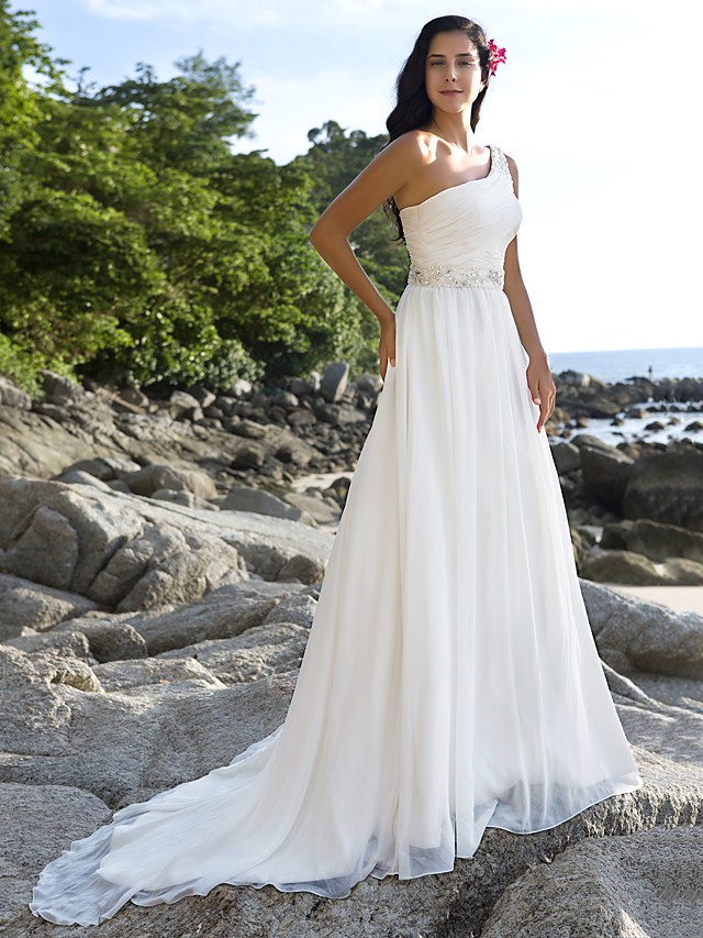 A-line Straps One Shoulder Court Train 100D Chiffon Bridal Gown With Buttons 8