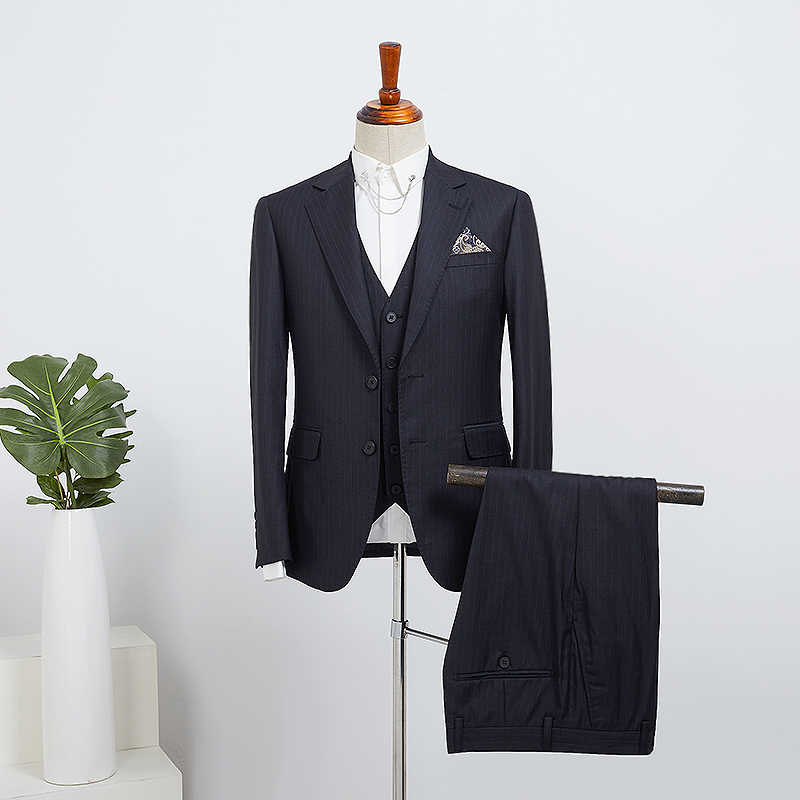 Navy Blue Striped 3 Pieces Slim Fit Bespoke Business Suit 2