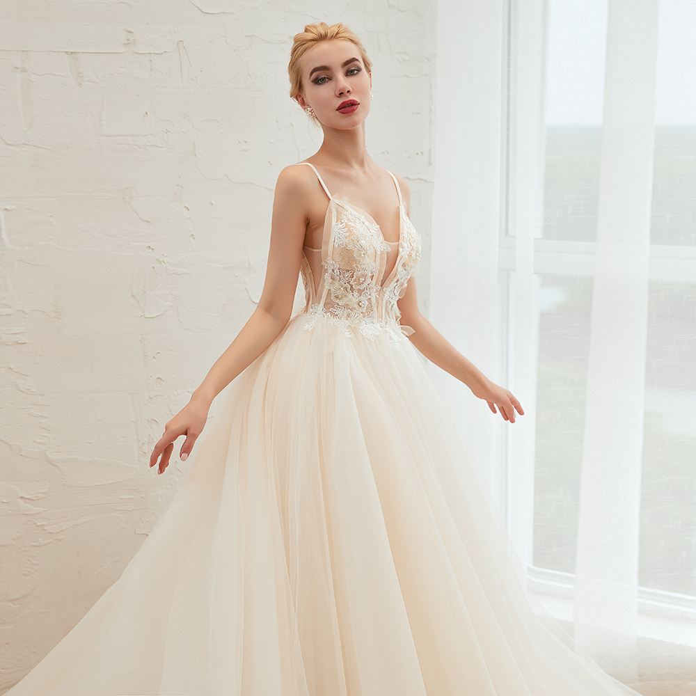 A-line Spaghetti Straps V-neck Sleeveless Cathedral Train Tulle Wedding Dress With Beading 18