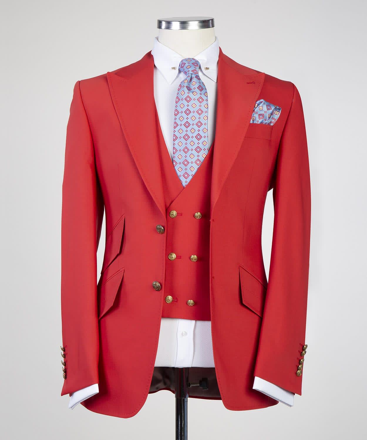 Red Three Pieces  Prom Men Suit with Peaked Lapel 4