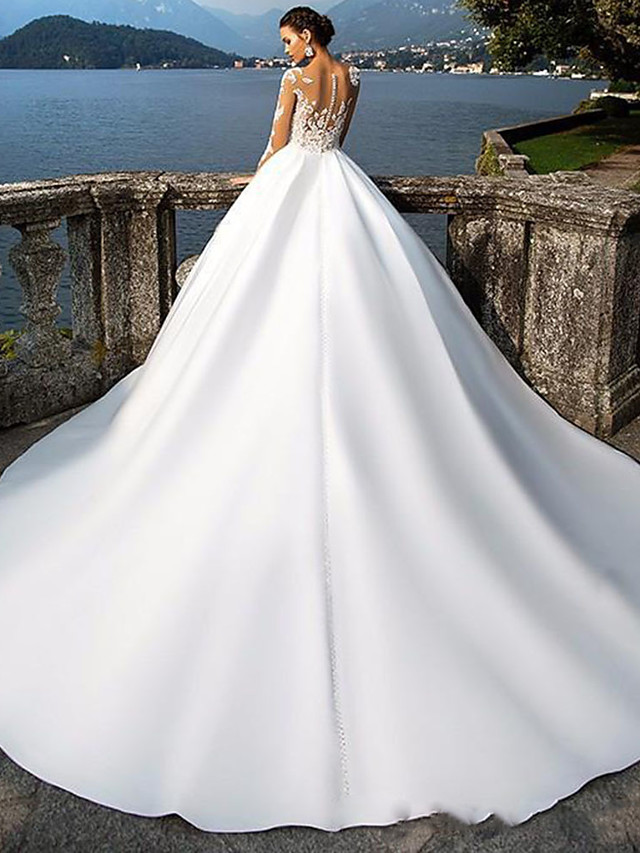 A-line Long Sleeves Court Train Tulle Wedding Gown With Buttons 2