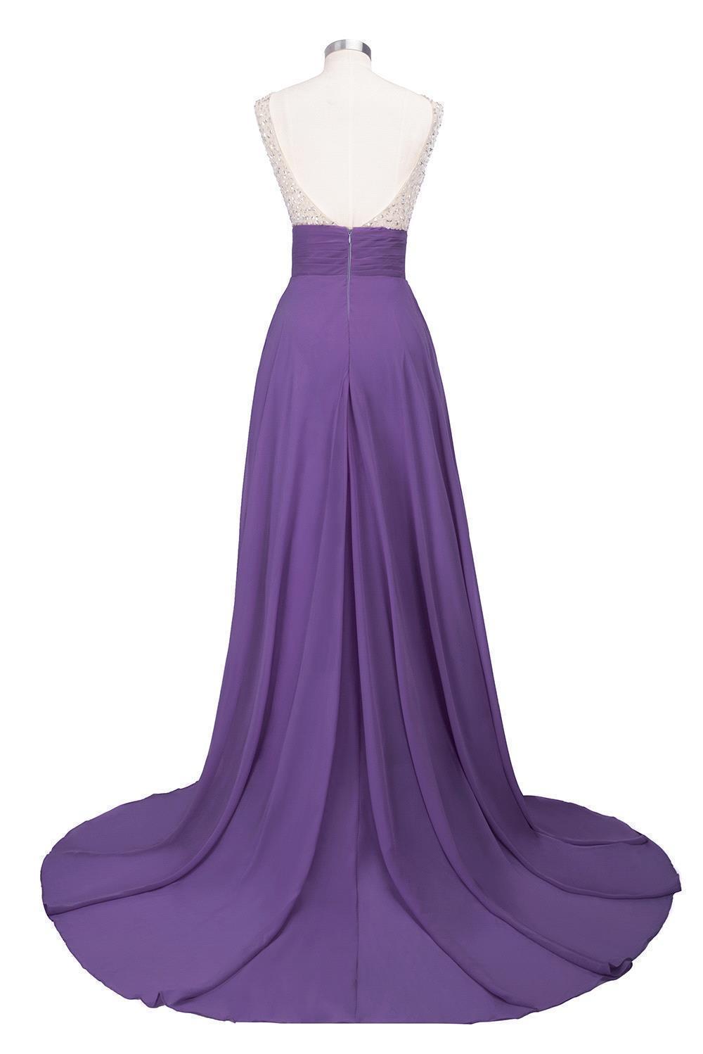 A-line Jewel Neck Sleeveless Court Train 100D Chiffon Evening Dress With Beading 7