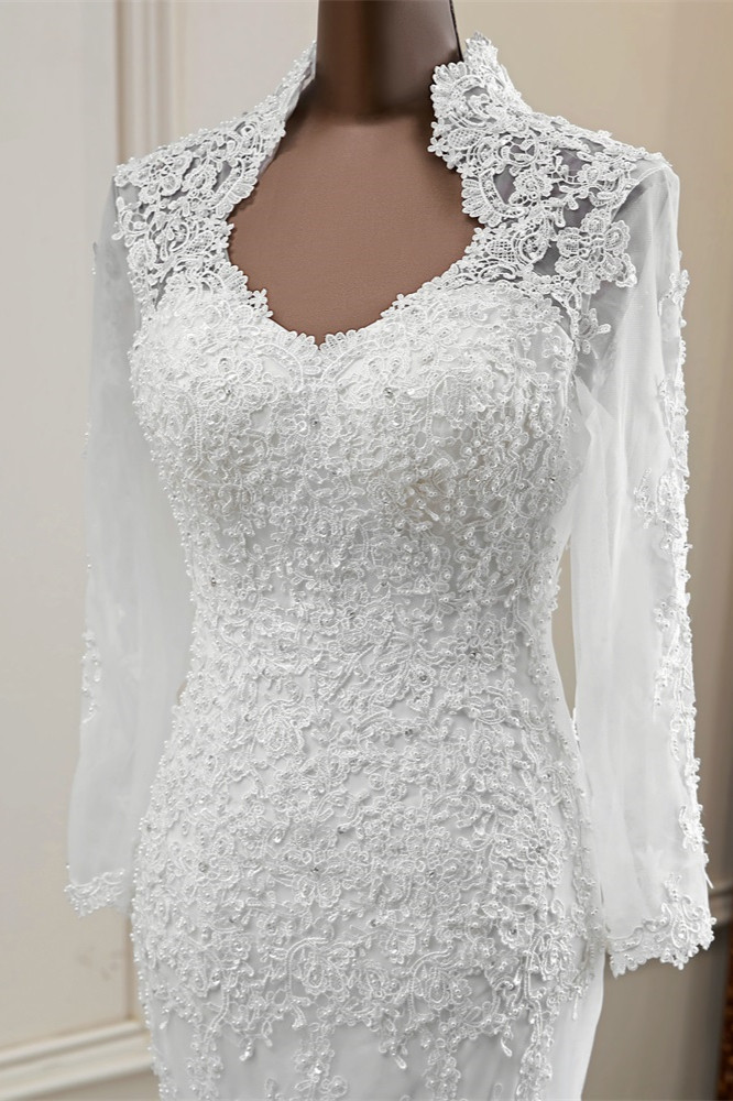 Mermaid V-neck Long Sleeves Floor-length Tulle Wedding Dress With Beading 3