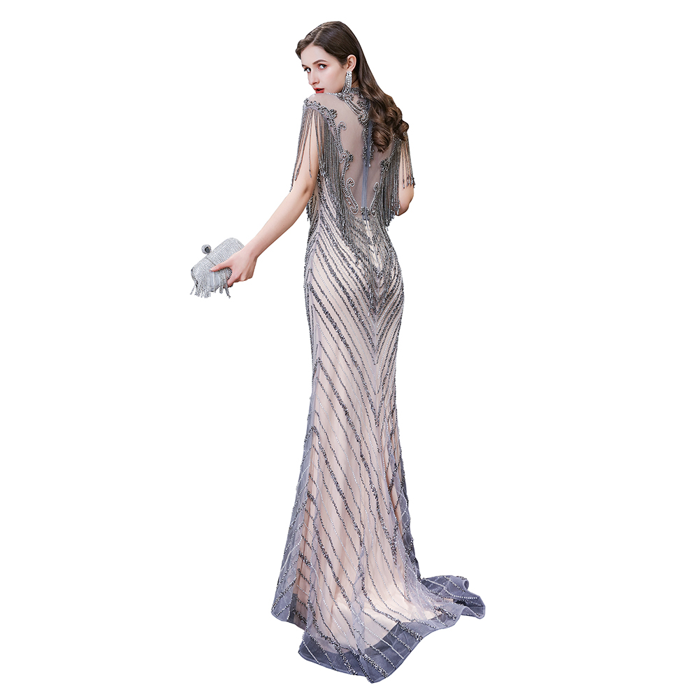 Mermaid Jewel Neck Short Sleeves Court Train Tulle Evening Gown With Beading 10