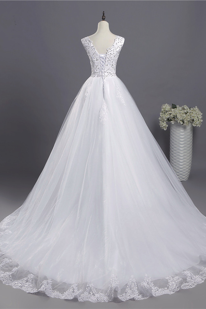 A-line Straps V-neck Sleeveless Floor-length Tulle Wedding Dress With Appliques 2