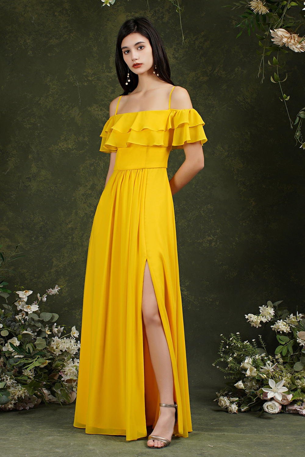 A-line Spaghetti Straps Cap Sleeves Floor-length 100D Chiffon Bridesmaid Dress With Split Front 8
