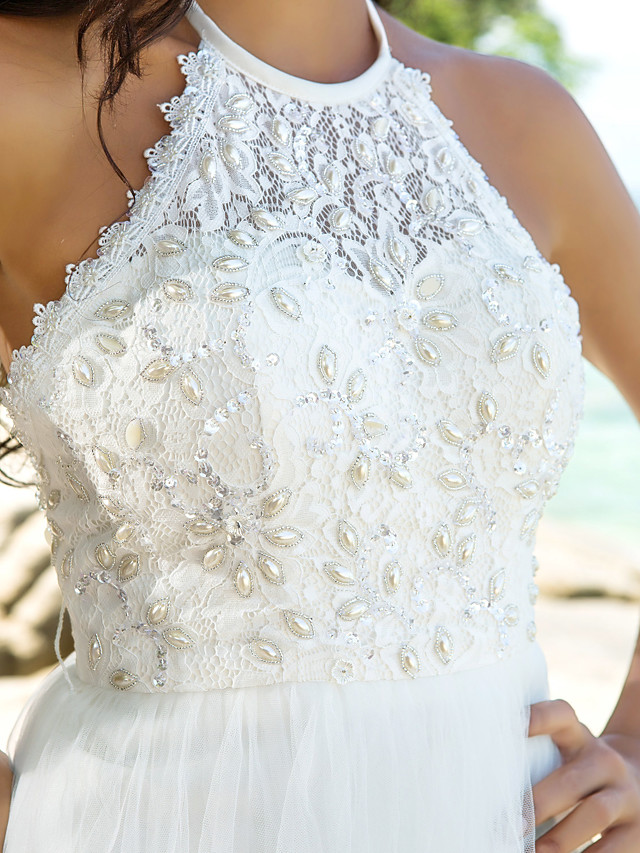 A-line Halter-neck Sleeveless Chapel Train Lace Bridal Gown With Lace 7