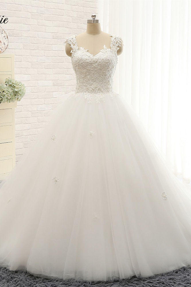 A-line Straps Sleeveless Floor-length Tulle Bridal Dress With Appliques 3
