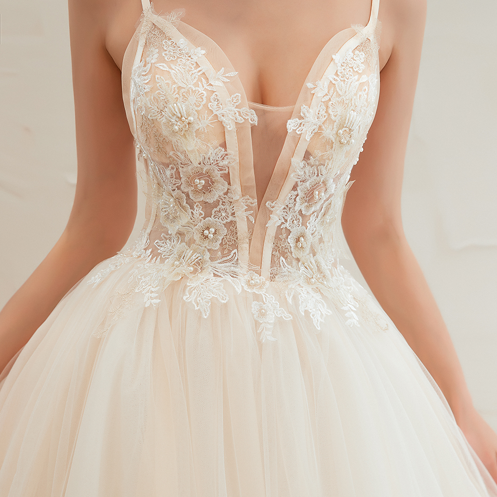A-line Spaghetti Straps V-neck Sleeveless Cathedral Train Tulle Wedding Dress With Beading 5