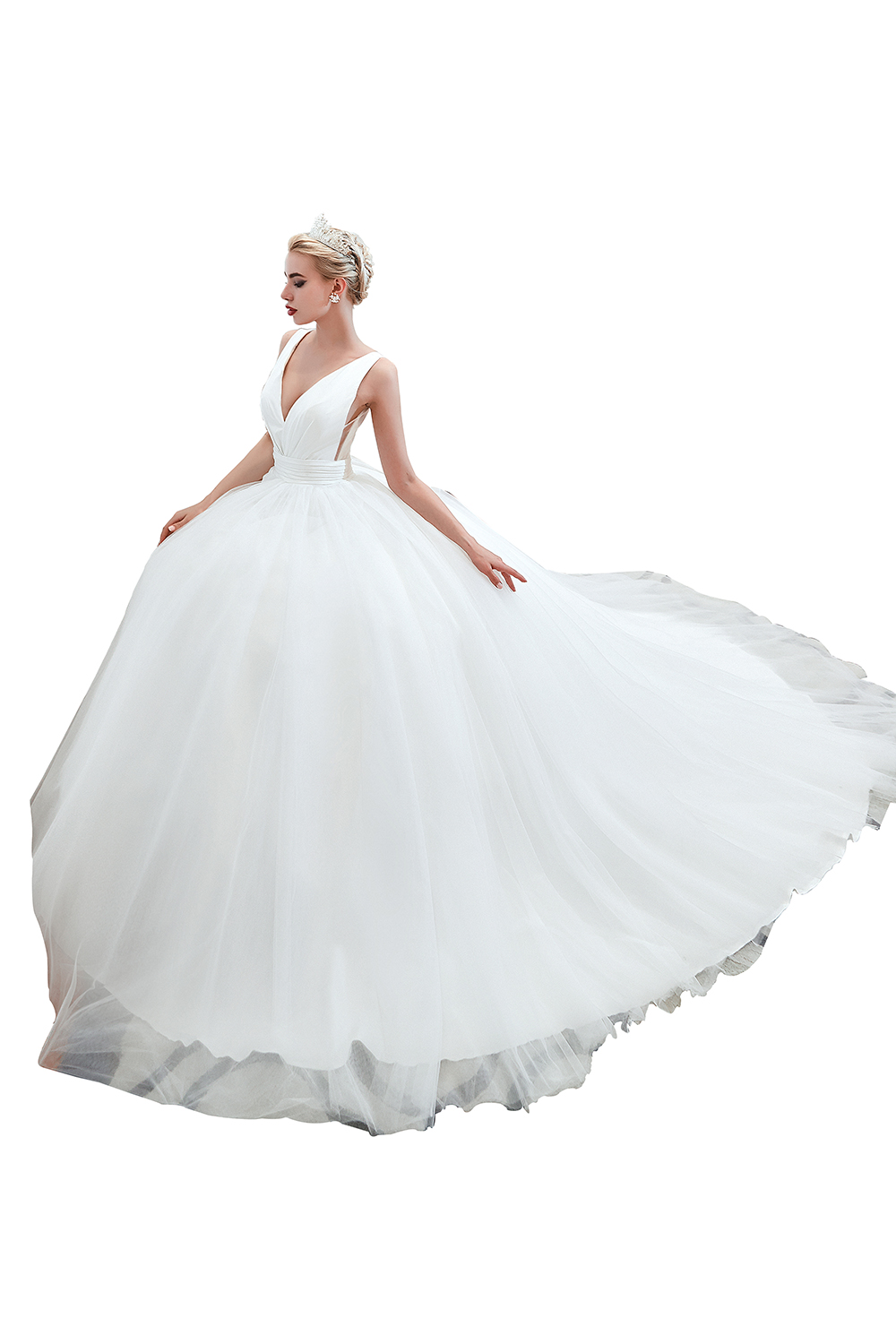 V-neck Sleeveless Cathedral Train Satin Bridal Gown With Ruffles 11