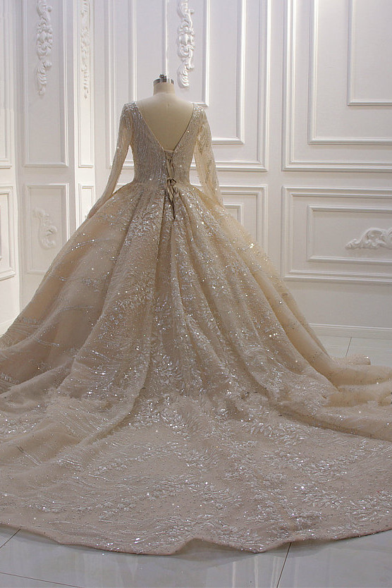 Ball Gown V-neck Long Sleeves Floor-length Satin Bridal Dress With Beading 4