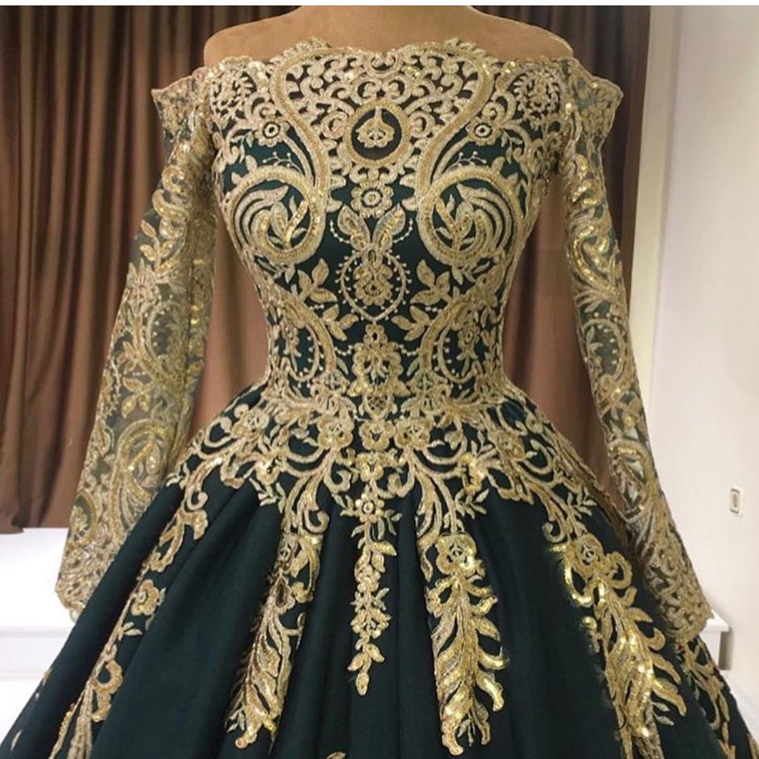 A-line Off-the-shoulder Long Sleeves Floor-length Satin Formal Dress With Lace 3
