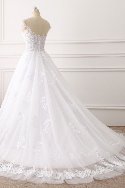 A-line Jewel Neck Sleeveless Floor-length Tulle Wedding Dress With Appliques 4