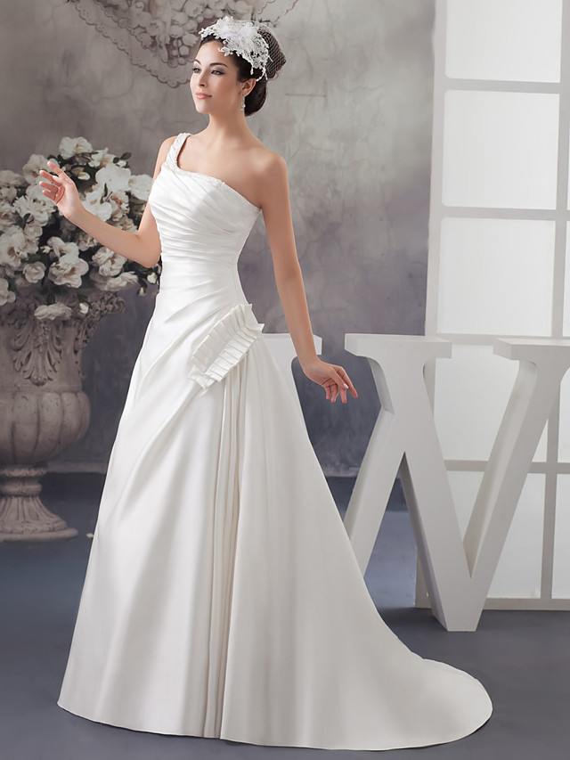 A-line One Shoulder Sleeveless Tulle Wedding Gown With Sweep / Brush Train 3