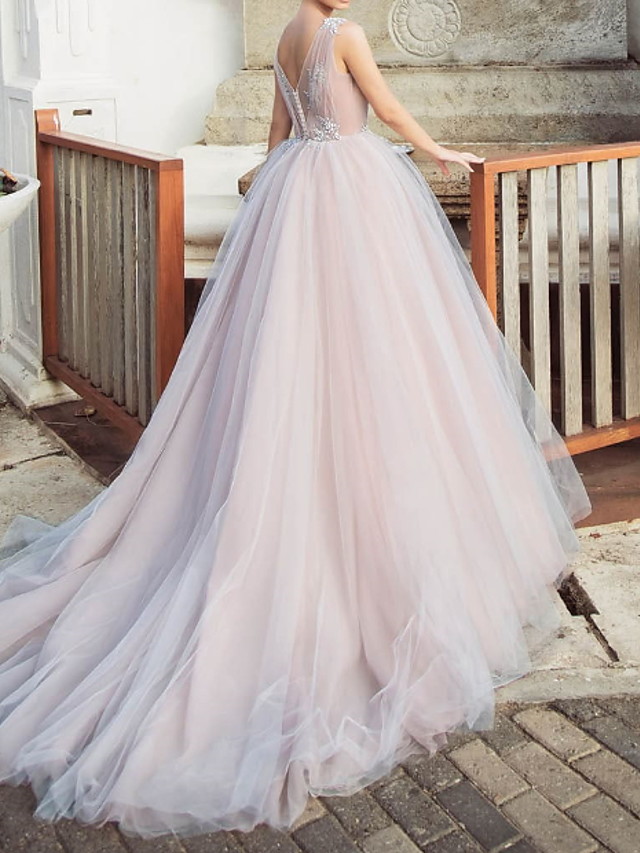 A-line Sleeveless Tulle Wedding Gown With Sweep / Brush Train 2