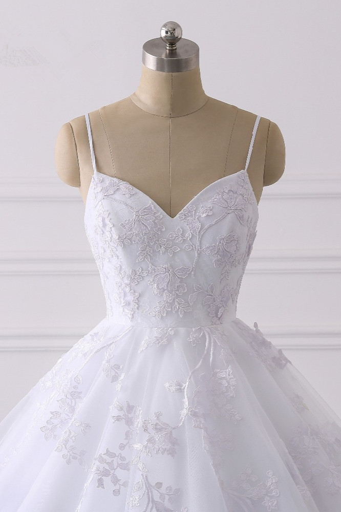 A-line Spaghetti Straps V-neck Sleeveless Floor-length Tulle Wedding Dress With Lace 4